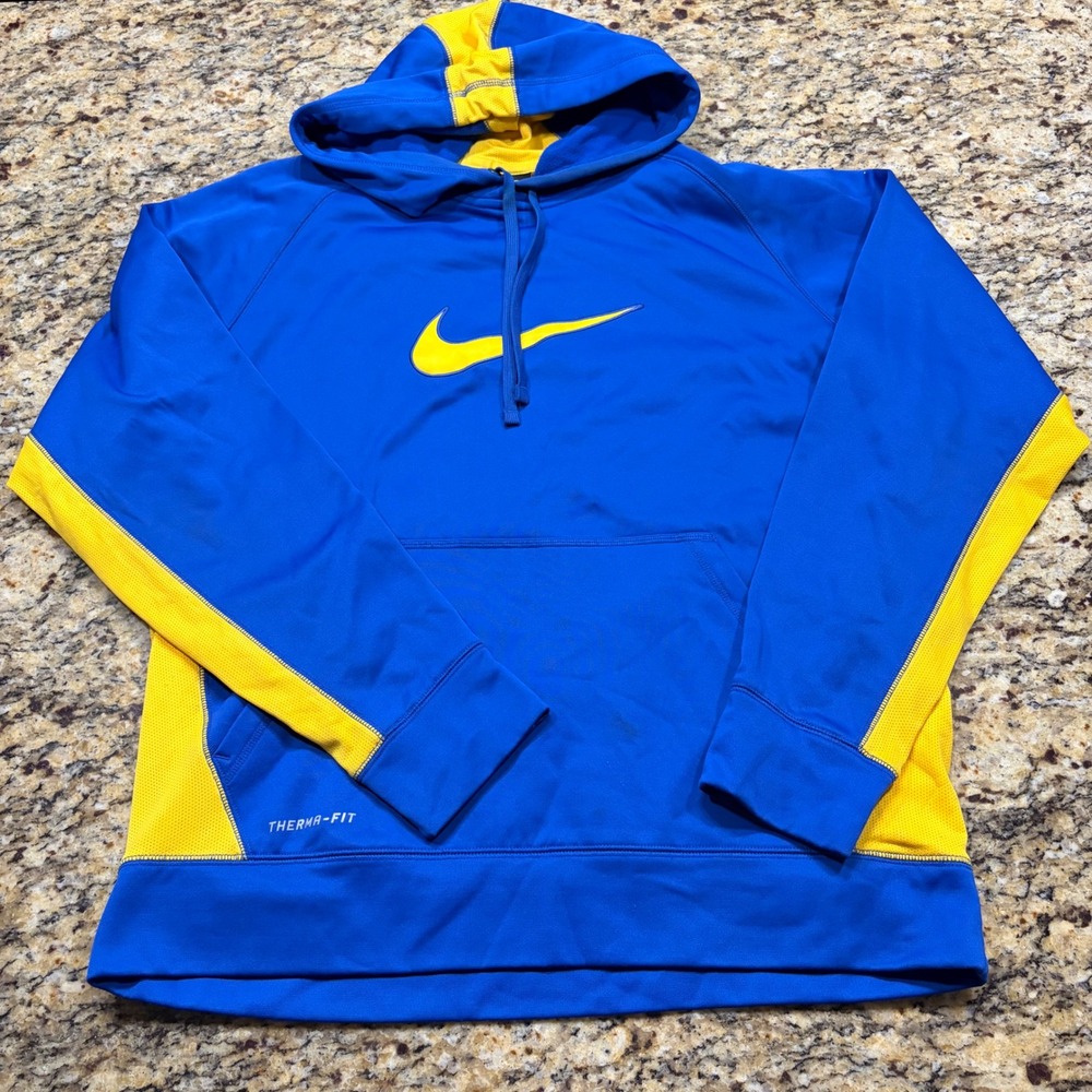 Nike Therma-FIT Hoodie Mens Large Blue Yellow Pullover Swoosh Sweatshirt
